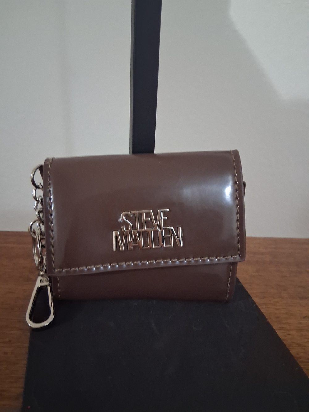 Steve Madden Brown Patent Mini Wallet Keychain Pouch